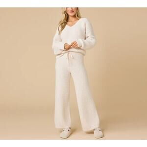 Softies Women's Almond Waffle Marshmallow V-Neck Long Pants2 Pc Set Size M